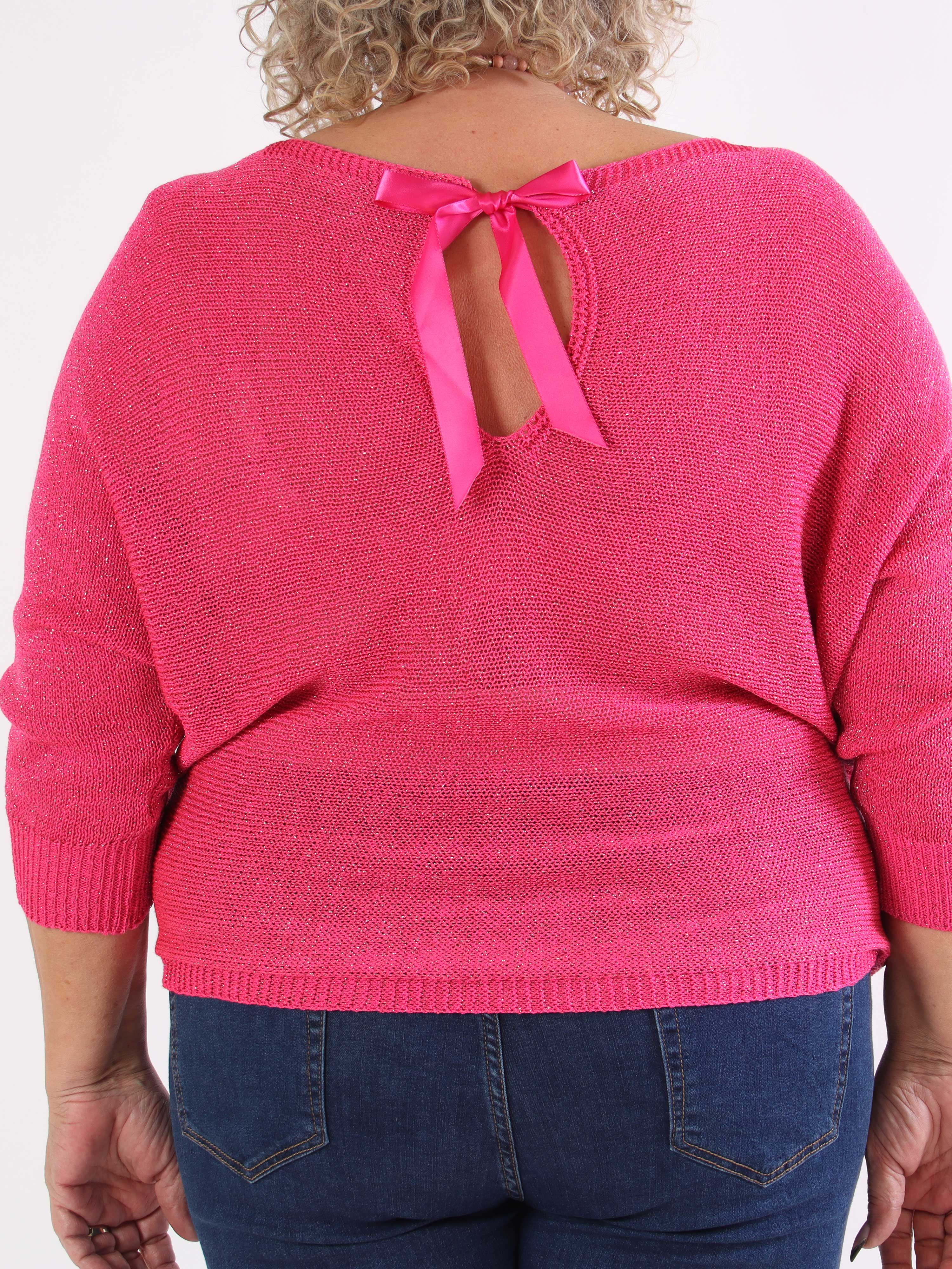 Paulina - Plus size strikbluse med glimmertråde og sløjfe